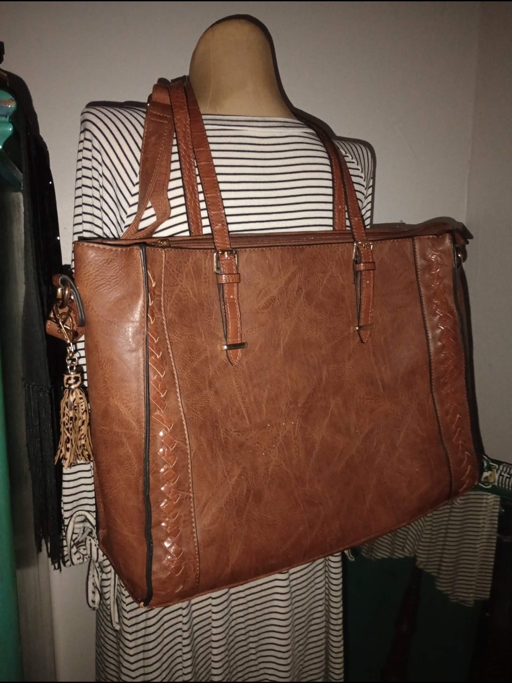 Source Unknown Brown Leather-Style Laptop Tote with Braided Trim
